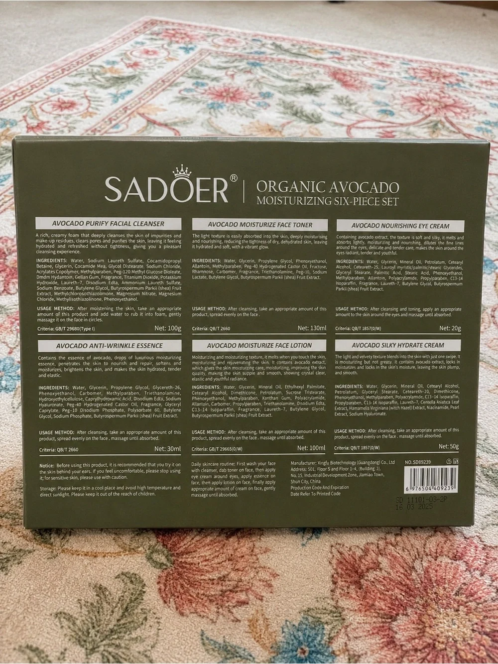 SADOER Organic Avocado Moisturizing Six-Piece Set – New & Sealed